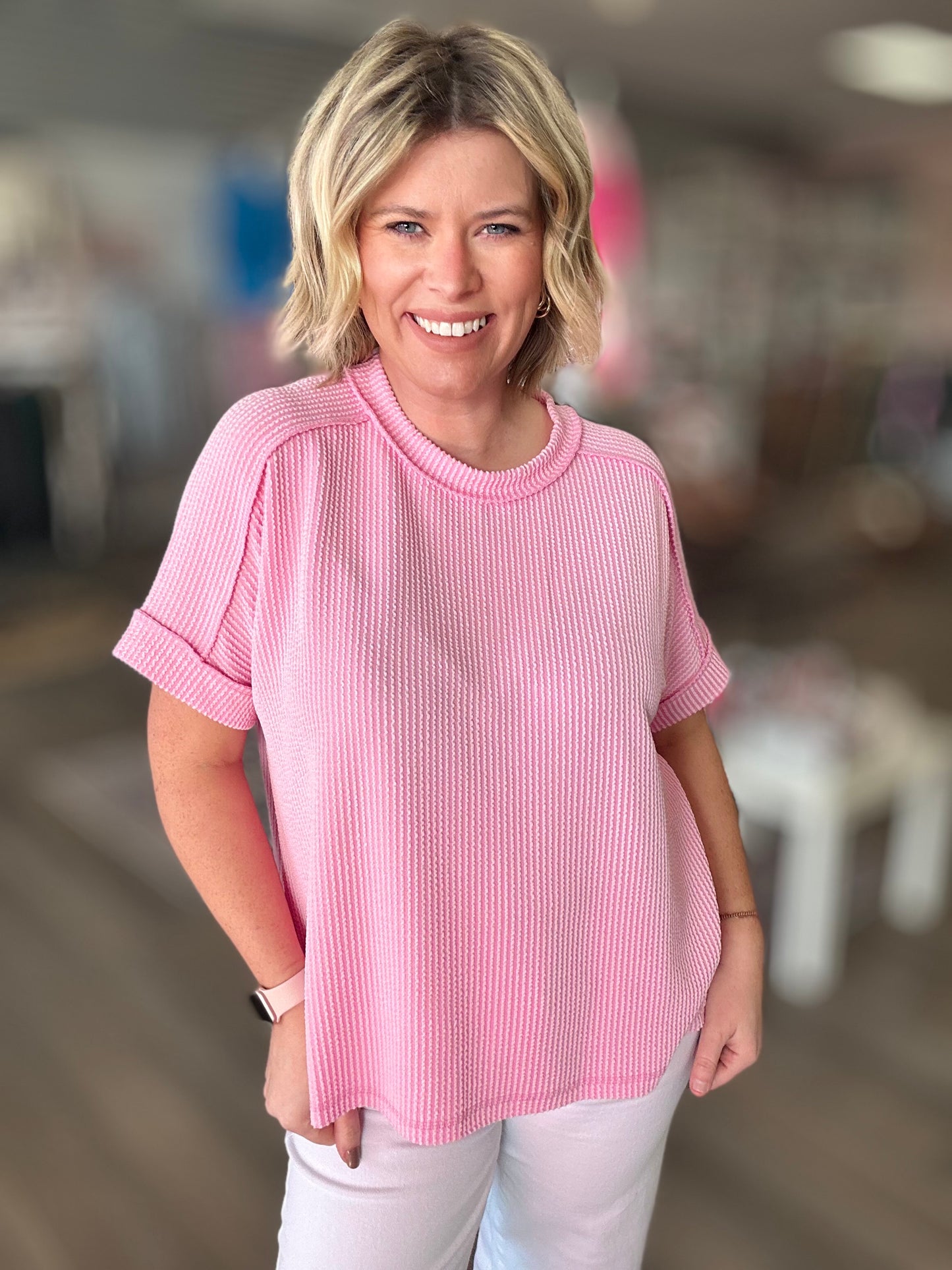 Wavy Wave Ribbed Top - Pink