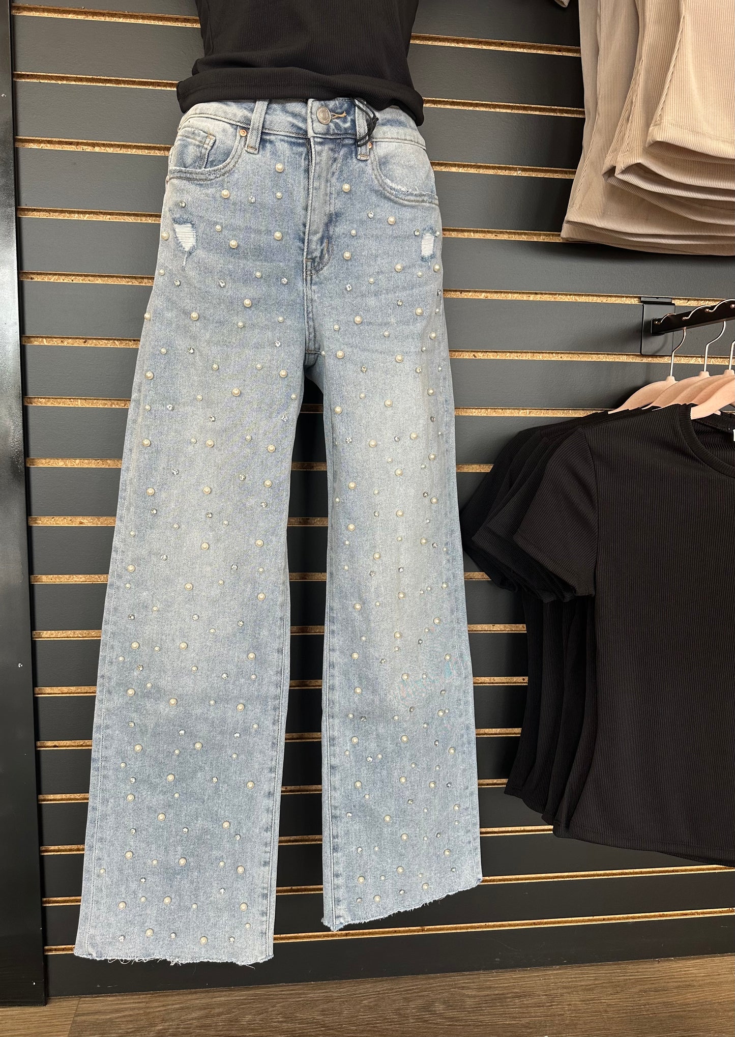 Pearled Embellishment Wide Leg Jeans