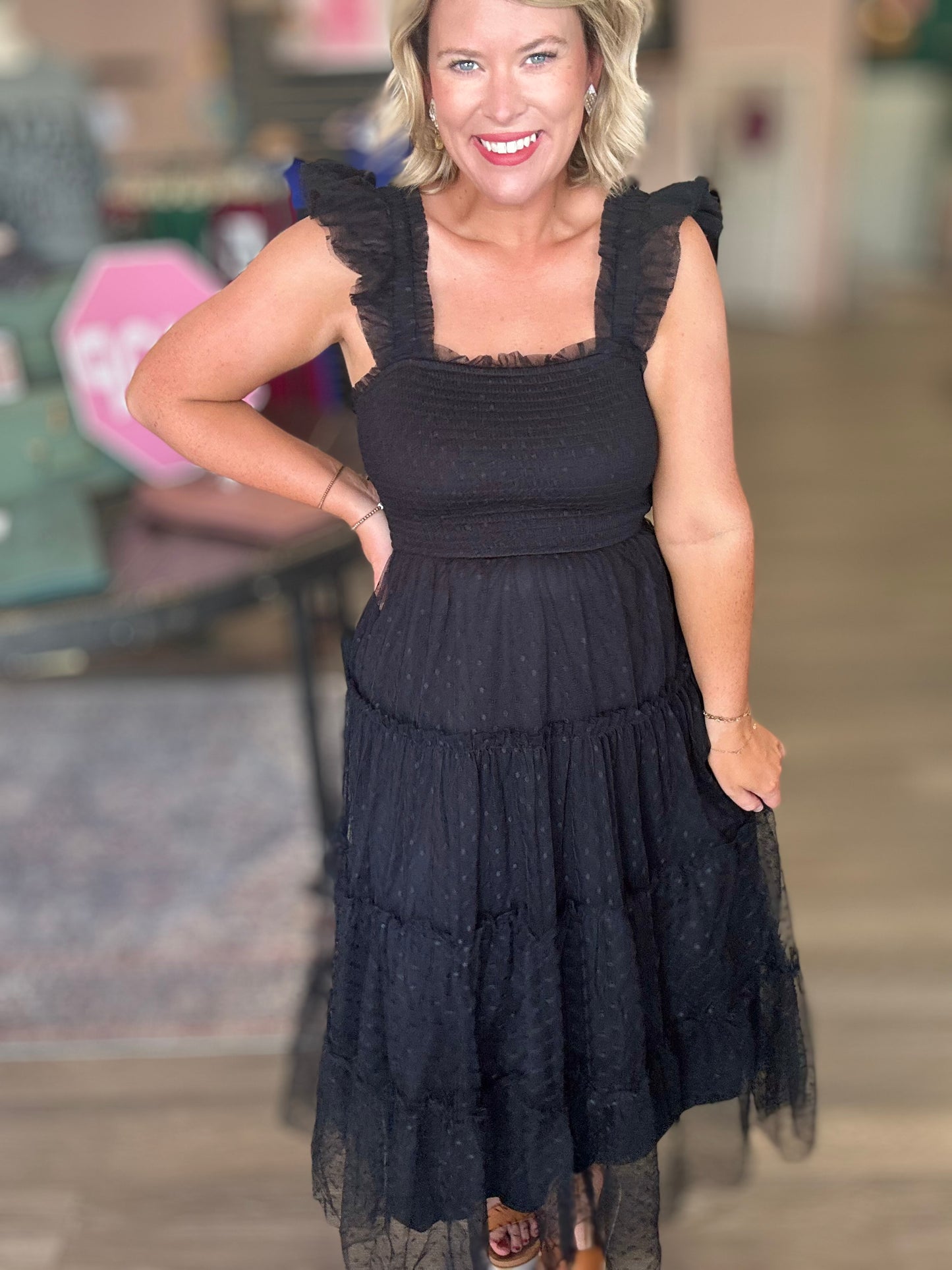 Dotted Tulle Midi Dress - Black
