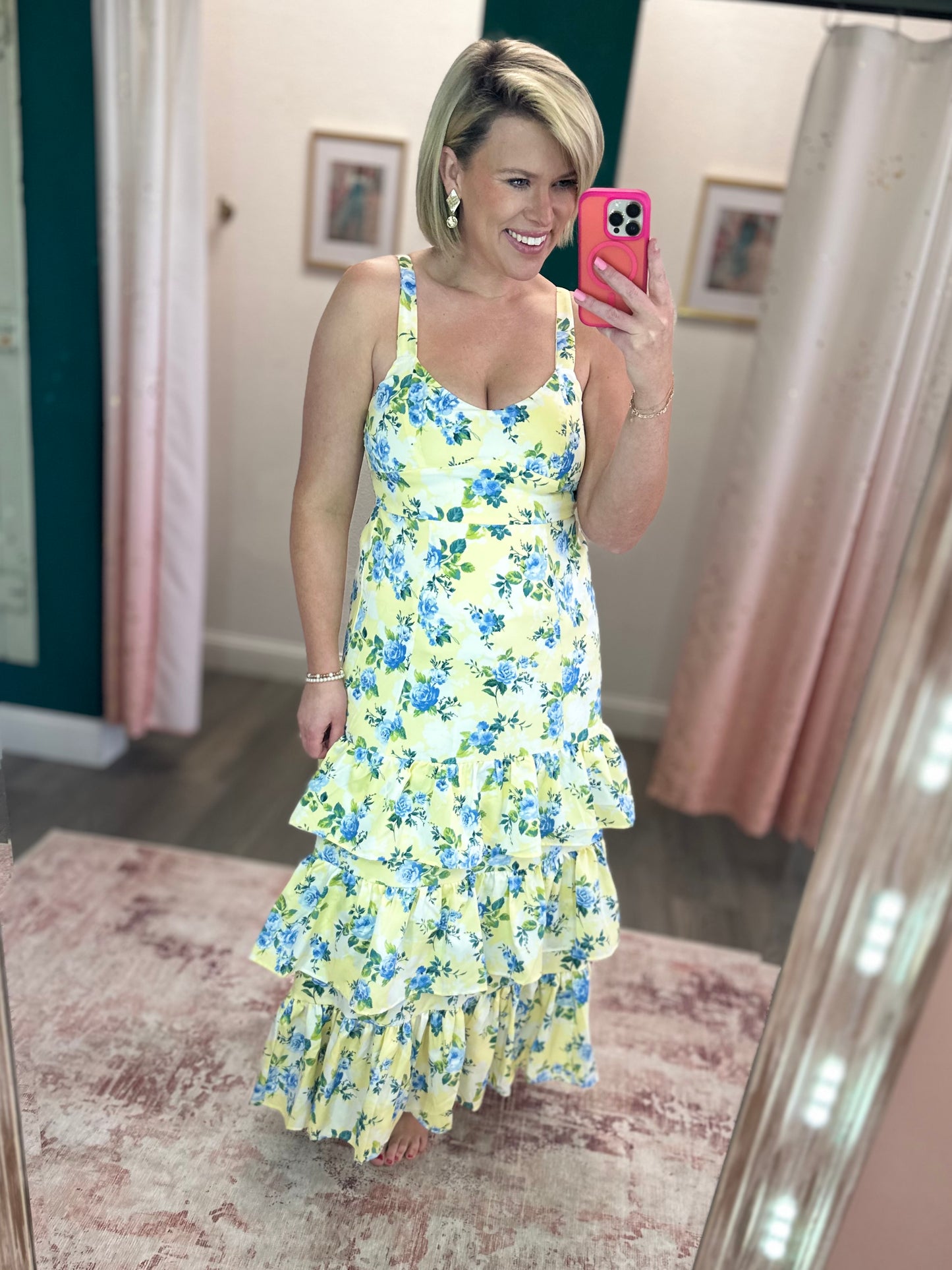 Ruffled Floral Rolls Midi Dress
