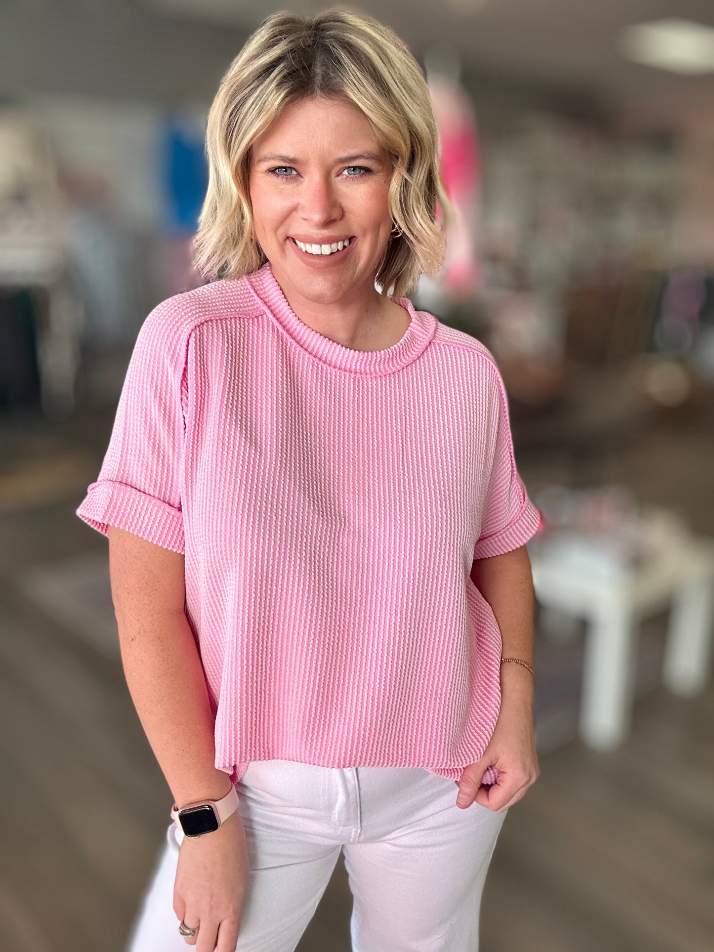 Wavy Wave Ribbed Top - Pink