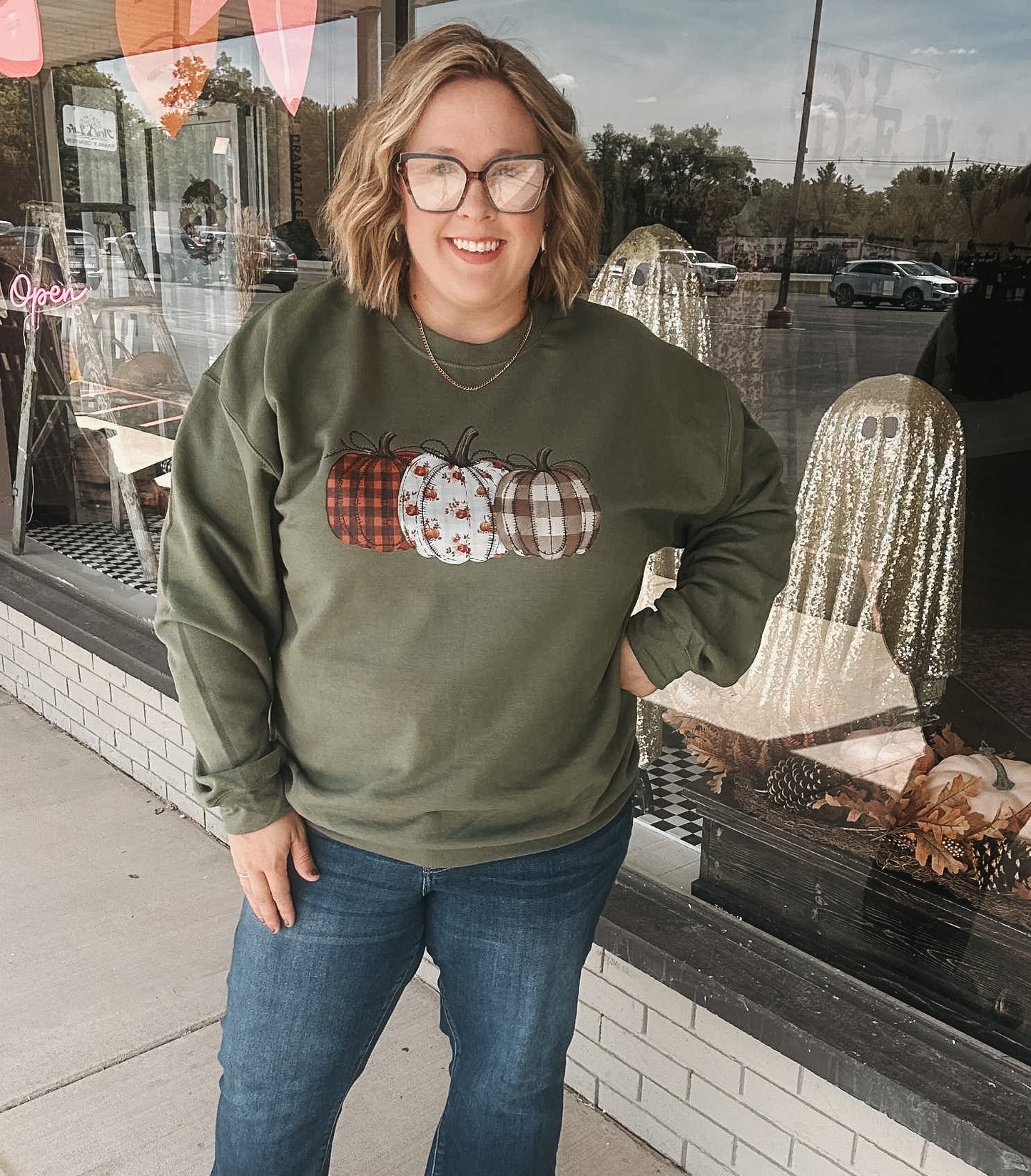 Stitched Patterned Pumpkins Sweatshirt