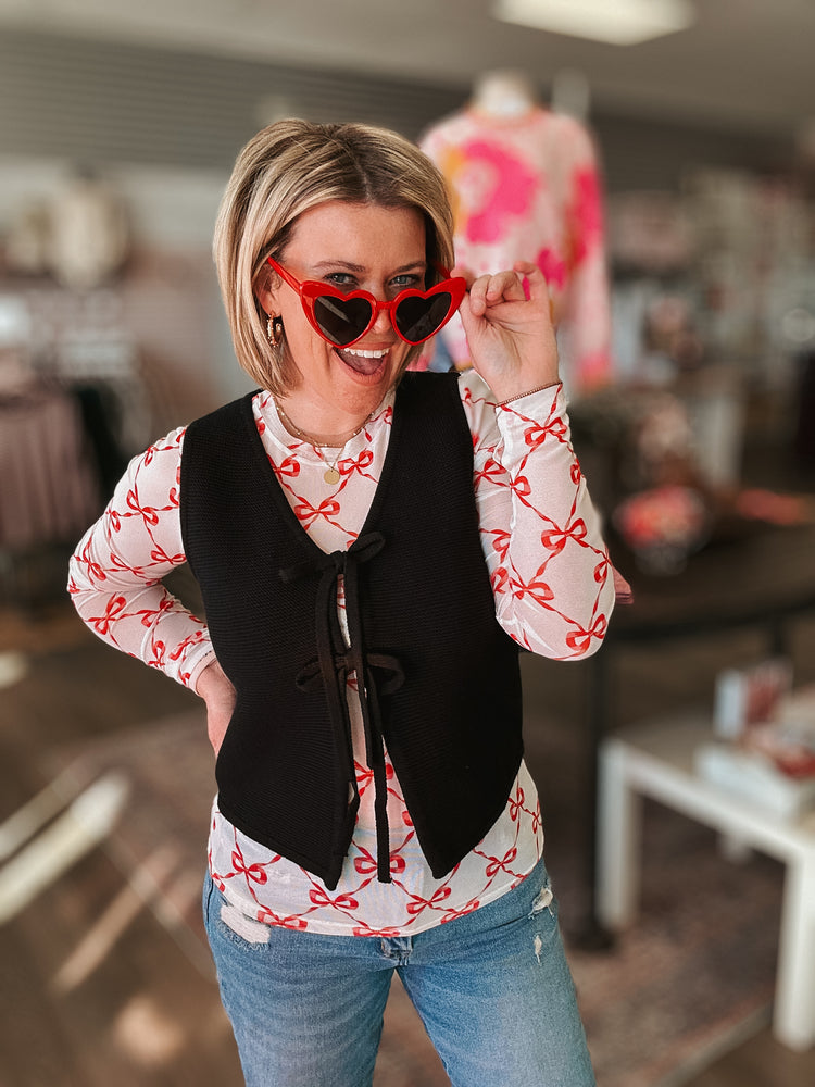 Red Ribbon Mesh Top