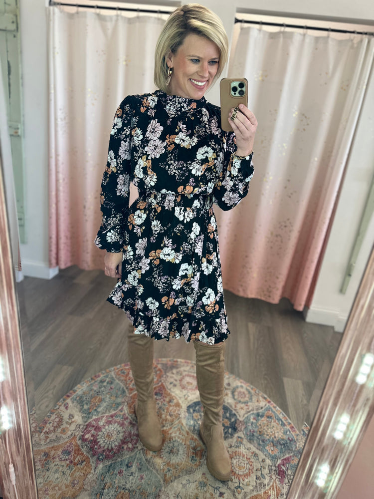 Shirred Fall Floral Dress