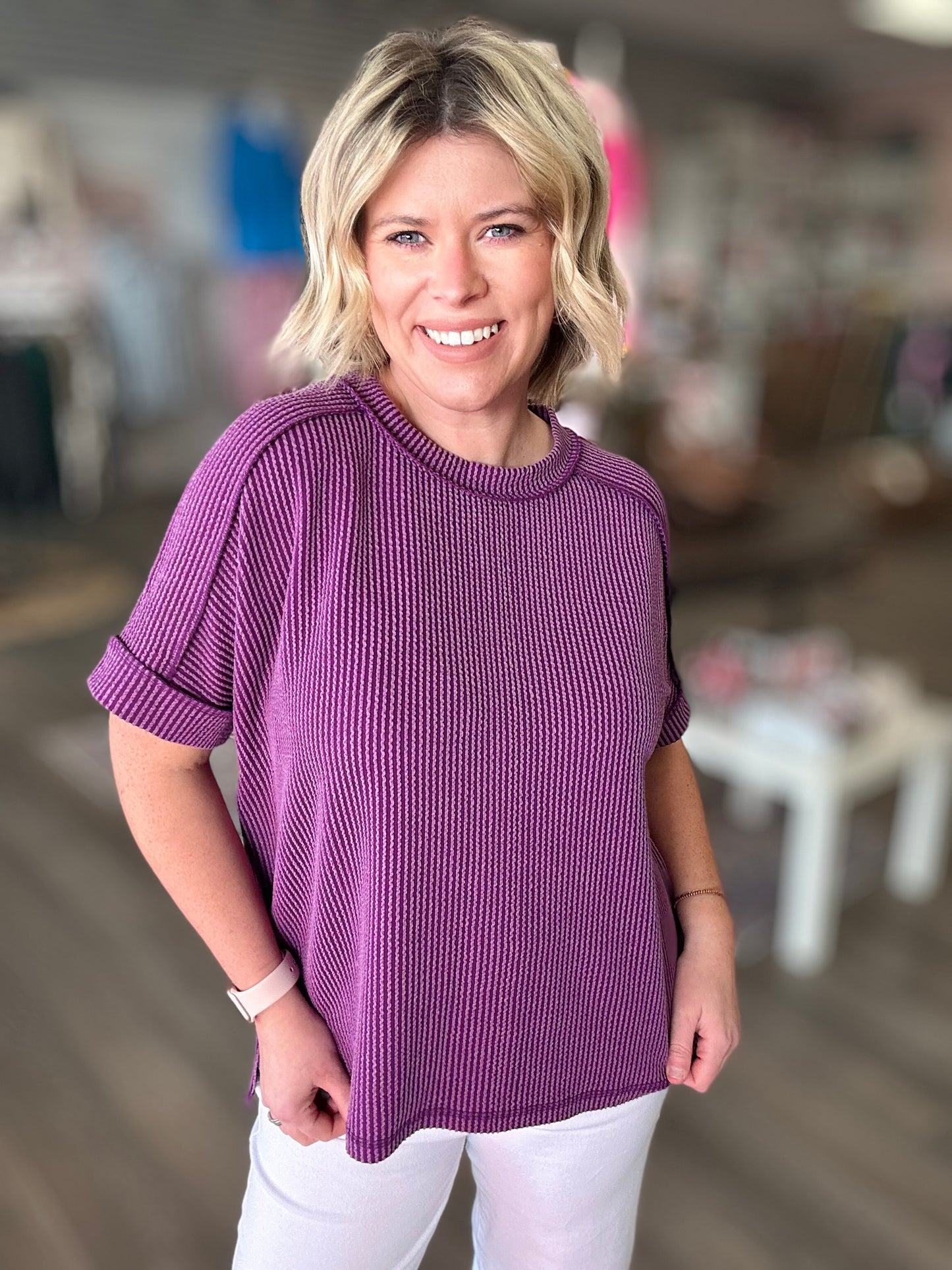 Wavy Wave Ribbed Top - Plum