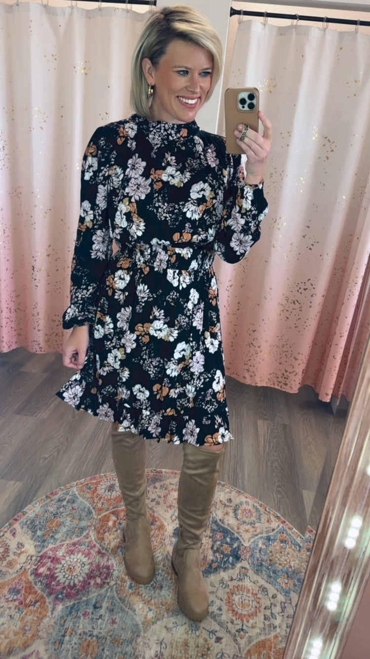 Shirred Fall Floral Dress