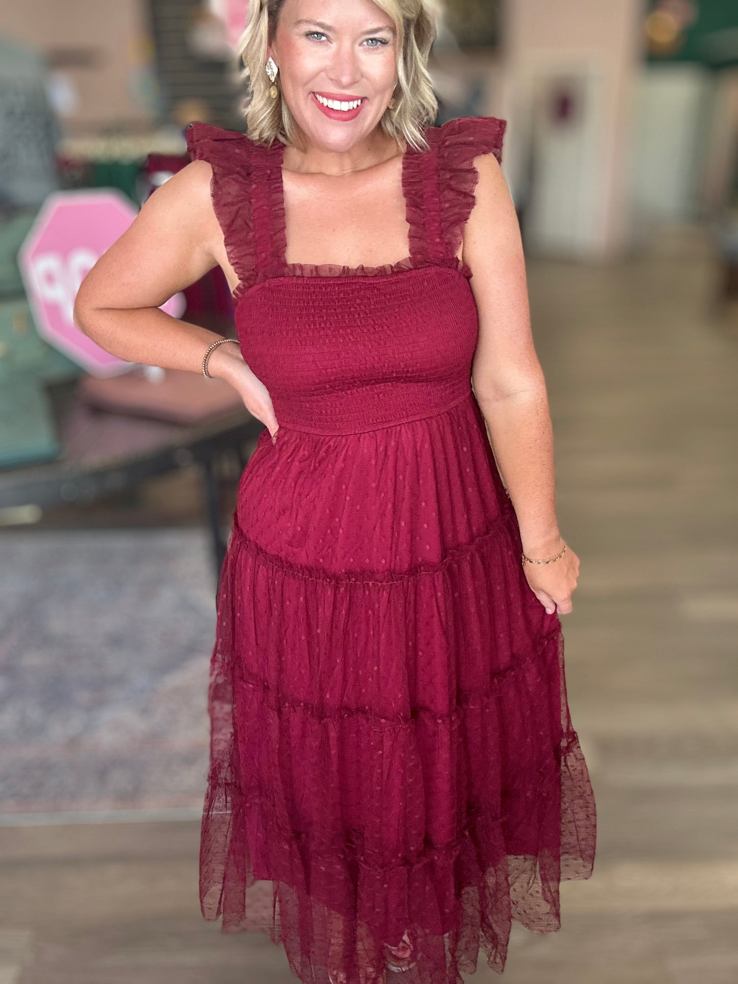 Dotted Tulle Midi Dress - Burgundy