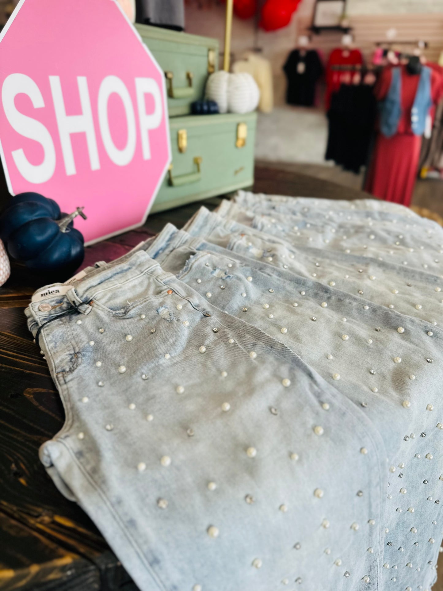 Pearled Embellishment Wide Leg Jeans