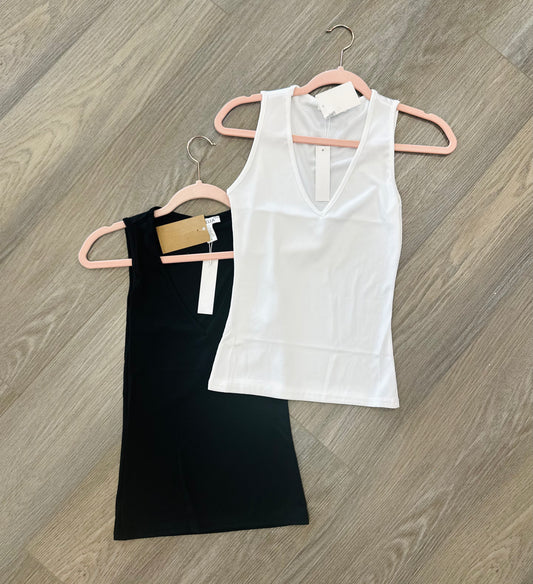 V-Neck Ribbed Tank - Black